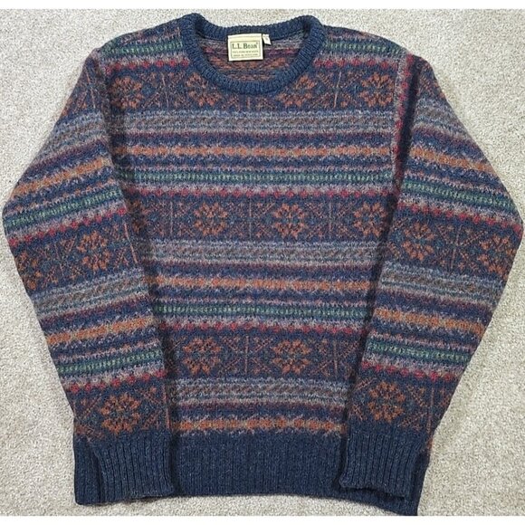 L.L. Bean Vtg Fair Isle 100% Pure New Wool Sweater Made in Scotland Blue Men's M - Picture 1 of 11